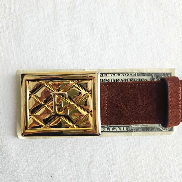 Vintage 80s ESCADA Classic Designer E Logo Belt in Rich Brown Suede XS SMALL - Picture 12 of 12
